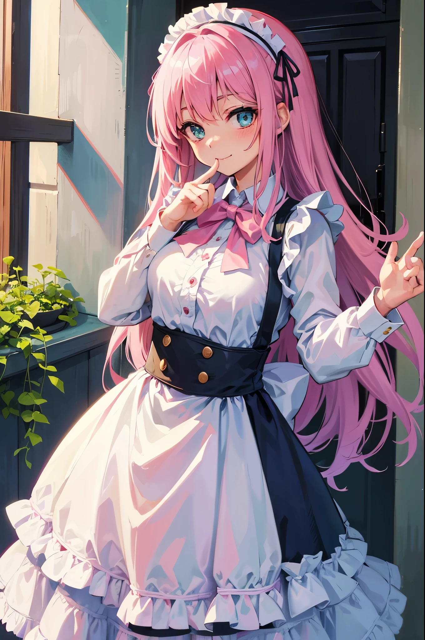 insanely detailed, absurdres, ultra-highres, ultra-detailed, best quality,
1girl, solo, nice hands, perfect hands,
BREAK
apron, blush, bow, bowtie, frilled apron, frills, long sleeves, maid, maid apron, maid headdress, waist apron, white apron
BREAK
smile, closed mouth
BREAK
finger to mouth, index finger raised, shushing, cowboy shot, looking at viewer,
BREAK
slender, kawaii, perfect symmetrical face, ultra cute girl, ultra cute face, ultra detailed eyes, ultra detailed hair, ultra cute, ultra beautiful,
BREAK
day, flower, ivy, leaf, indoors, open door, plant, potted plant, vines, window,
BREAK
white (pink:1.2) hair, green eyes, long hair, medium breasts, bangs, eyebrows visible through hair,