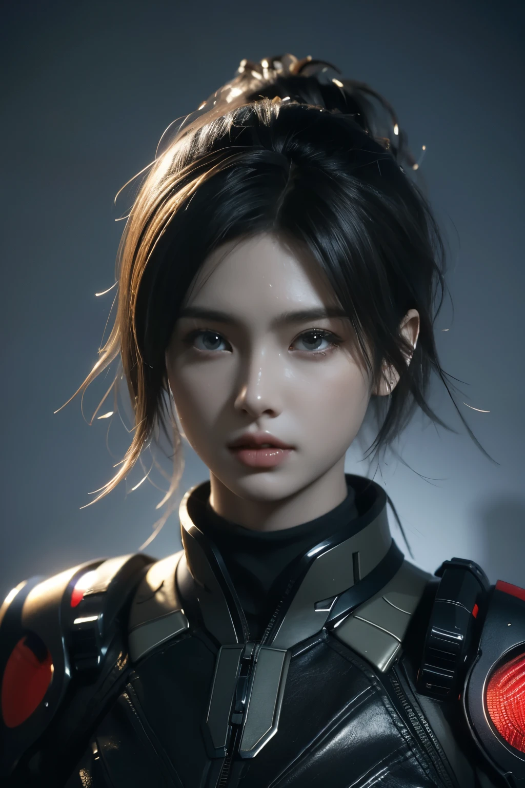 Game art，The best picture quality，Highest resolution，8K，((A bust photograph))，((Portrait))，(Rule of thirds)，Unreal Engine 5 rendering works， (The Girl of the Future)，(Female Warrior)，22-year-old girl，(Long hair casual)，(Future-style military wear，A beautiful eye full of detail)，(Big breasts)，(Eye shadow)，Elegant and charming，Smile，(frown)，(Battle suits of the future，Features of Cyberpunk Fighter Clothing，Joint Armor，The dress has a fine pattern and badge，Red and blue)，Cyberpunk Characters，Future Style， Photo poses，Field background，Movie lights，Ray tracing，Game CG，((3D Unreal Engine))，oc rendering reflection pattern