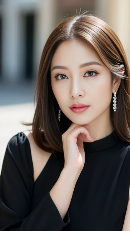 ((Angelina Sole)),((highest quality, 8K, masterpiece : 1.3)), sharp focus : 1.2, beautiful woman with perfect figure : 1.4, slim abs : 1.2, ((dark brown hair)), (Natural light, city street : 1.1), Highly detailed face and skin texture, fine eyes, double eyelid、((professional makeup:1.3))、((sexy milf:1.3))、thick lips、lip gloss、eye make up、sitting、right foot、black dress、face down、