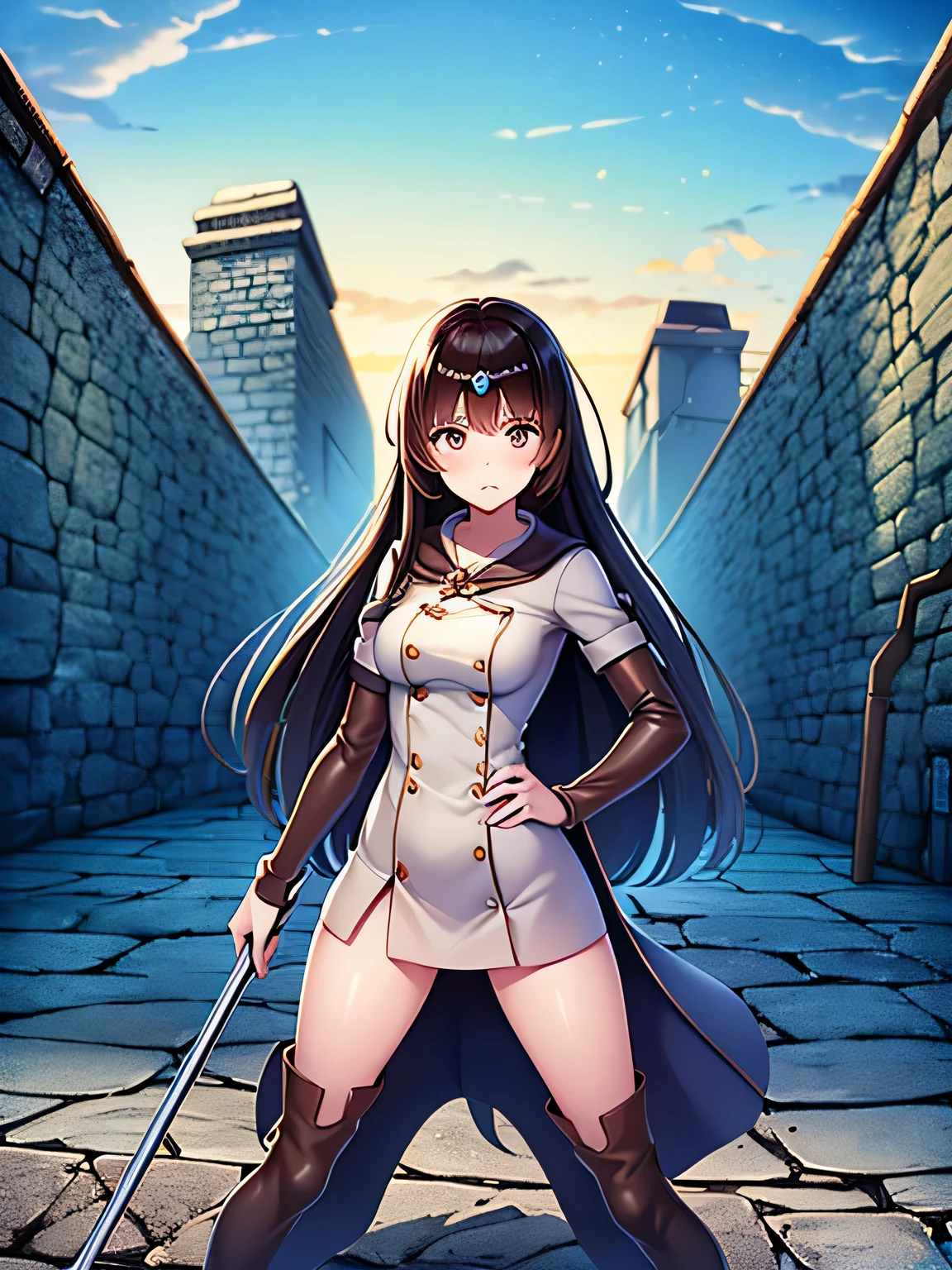 Priestess Ki from Tower of Druaga, alone, unhappy, long brown hair, wearing tall hide boots, standing, manacles on her wrists chained to a stone wall, inside a dungeon, in full view, in high detail in master quality