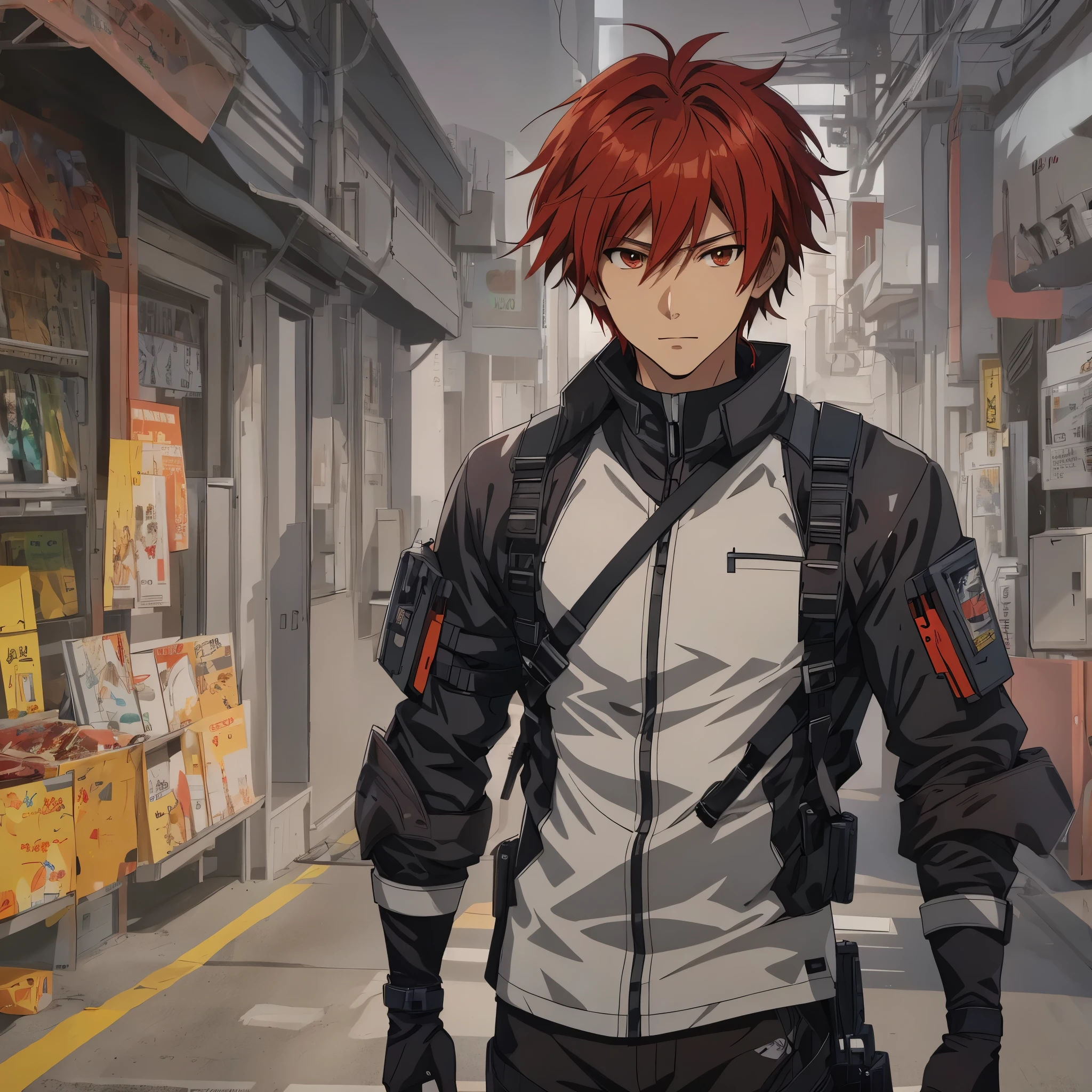 Anime character with red hair and black jacket walking down a street -  SeaArt AI