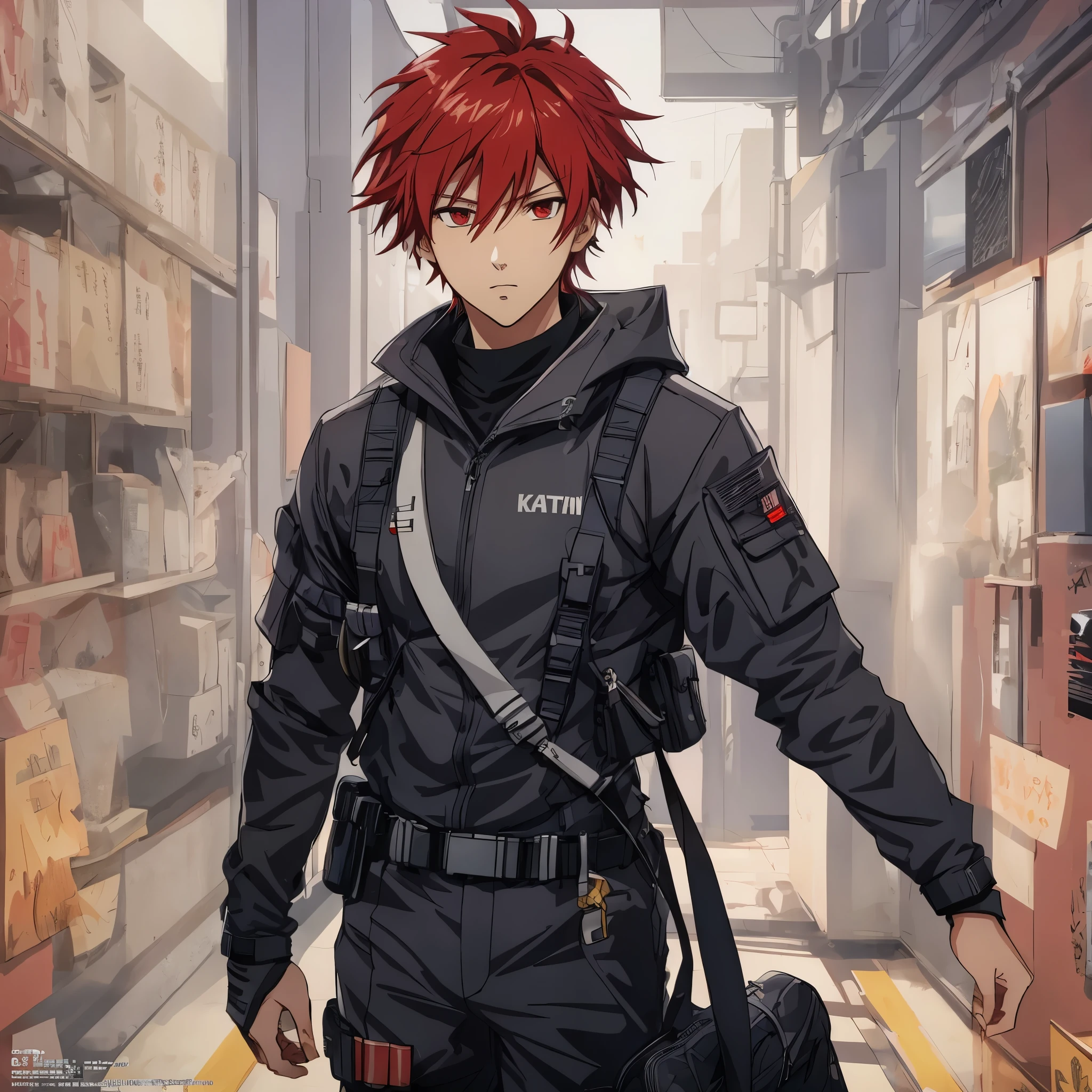 Anime anime character with red hair and black uniform walking down a street  - SeaArt AI