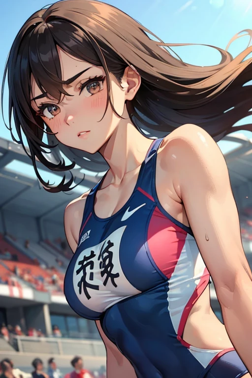 1 Beautiful ,dynamic angle,girl track and field athlete,small head,big breasts,meaty, at track and field ,(detailed beautiful face:1.4),detailed skin、backwards