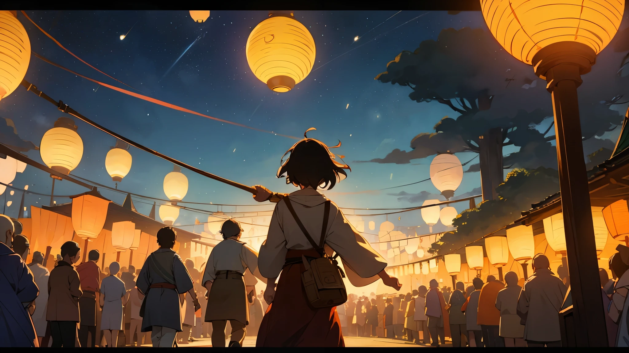 Anime scene of a woman walking through a crowded street with lanterns -  SeaArt AI