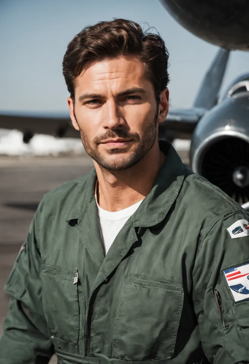 30 year old handsome man，he is a pilot，Calm personality，Coveralls