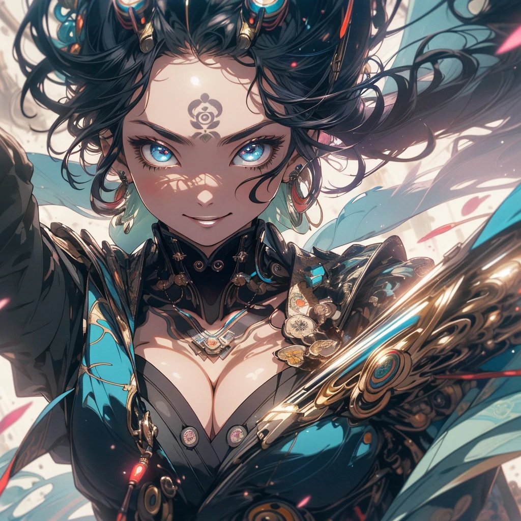 (((highest quality))),(((detailed eyes))),(((32K))),(1 girl),Flashy colored hair,(tattoo),(cyber punk),kimono,((Luxurious and gorgeous)),Shiny skin,earrings,flashy,((Super beautiful woman)),(perfect face),Japanese sword,ultimate texture,official art,Ukiyo-e,stylish,photograph,perfect body,smile,Bewitching,Highest image quality,Super clear,real,fantasy,(Near the future),ninja,((perfect eyes)),big breasts,((cleavage)),highlight,Provocative smile,stick out tongue,split tongue,((mechanical)),mandala,Pouring rain,Majestic,apotheosis,