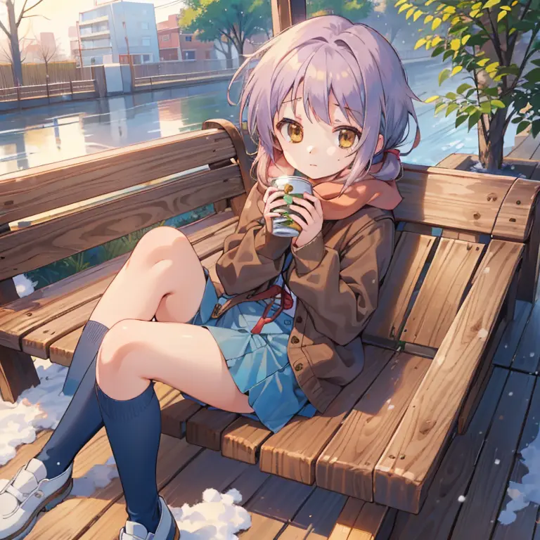 ((1 girl)),(table top),(highest quality), Yuki, twin tails,  scarf, knee high, blank eye, expressionless face, garden,canned cof...