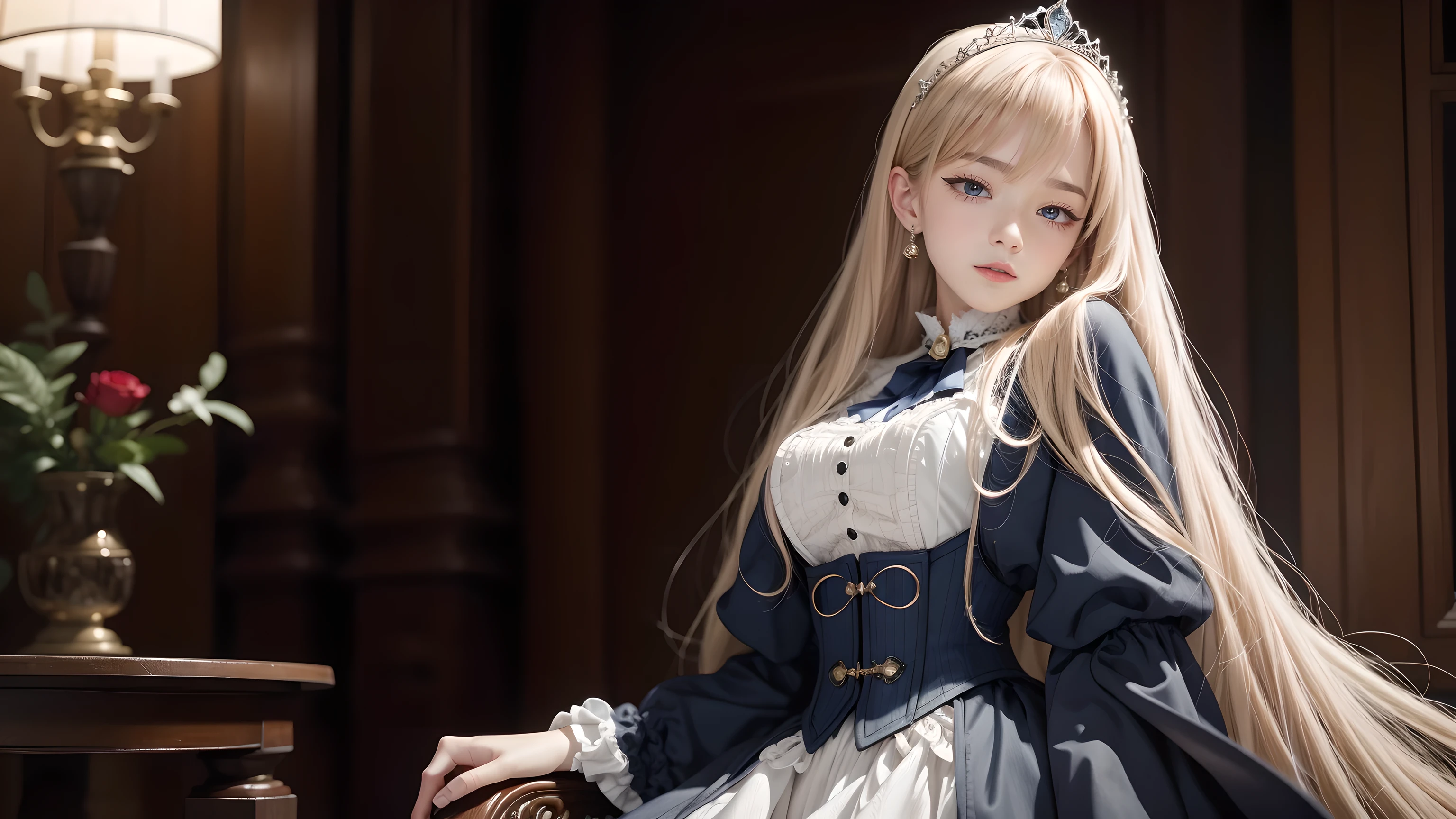 ((masterpiece, anatomically correct, high details, high quality, photorealistic, 8k)), young girl, (pureerosface_v1:0.008), (dynamic pose:0.7), Shiny Blue Eyes, (Glossy Super Long Straight Blonde Hair with Blunt Bangs), Perfect Face, Gorgeous Lushly Eyelashes, Plump red lips, porcelain white skin, ((perfect_fingers, better_hands, perfect_hands, perfect_legs):0.7), sophisticated outfit, dhevictorian, victorian dress, corset, embroidery, skirt, shirt, tiara, fantasy art, cinematic lighting, corridors