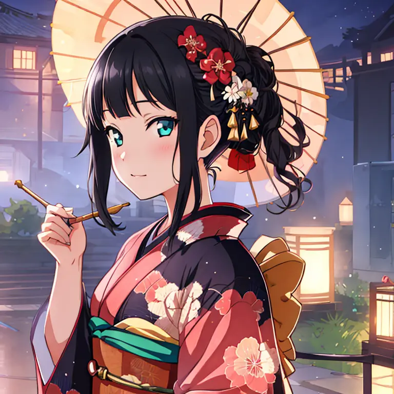 best quality, very aesthetic, super detailed, best illustration, kimono, 1girl, black_hair