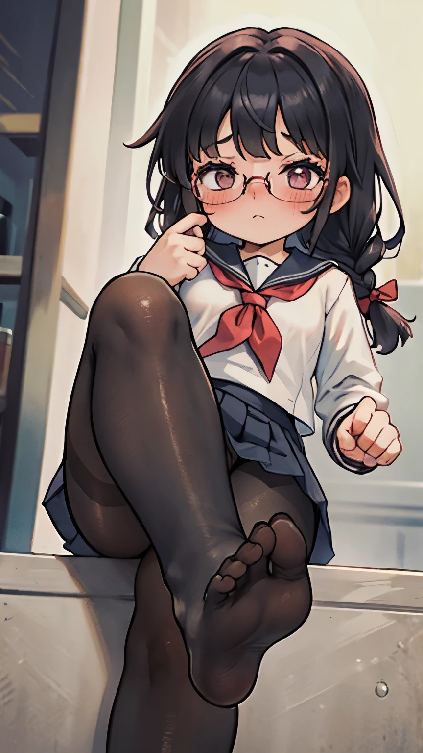 Anime girl sitting on a ledge with her legs crossed - SeaArt AI