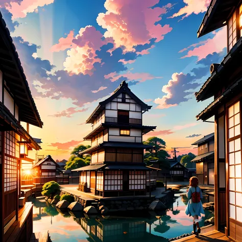 the anime, A scene from a movie, Café, village, Sun light, clouds, joying, Girls, village, japan, sunset