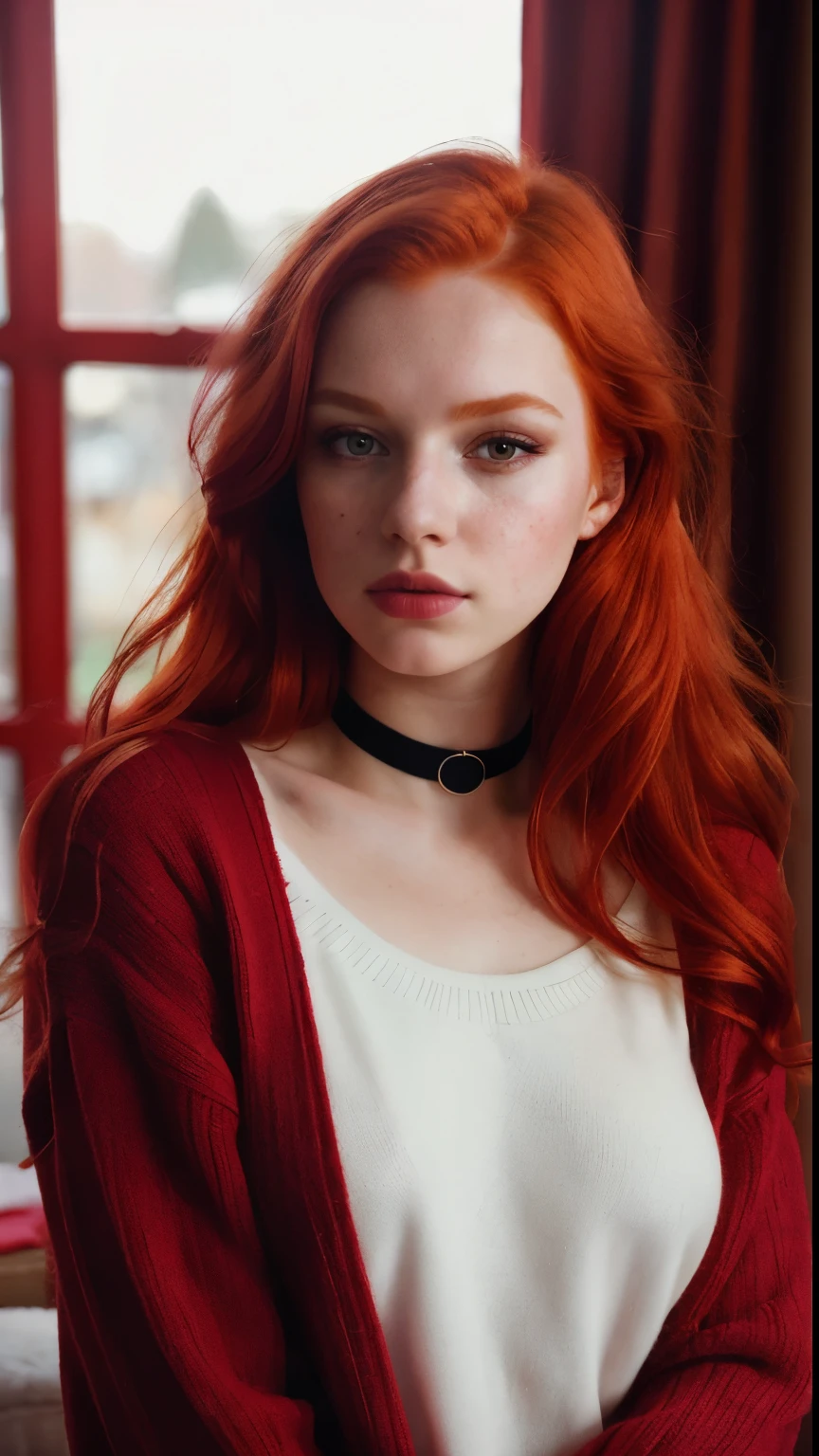 RAW-Foto, (18yo Rothead girl:1.2), bilden, grafischer Eyeliner, rouge, (Halsband:0.9), realistische Hautstruktur, Oversize-Strickpullover, (Rot:0.8), softcore, warmes Licht, gemütliche Atmosphäre, Instagram-Stil