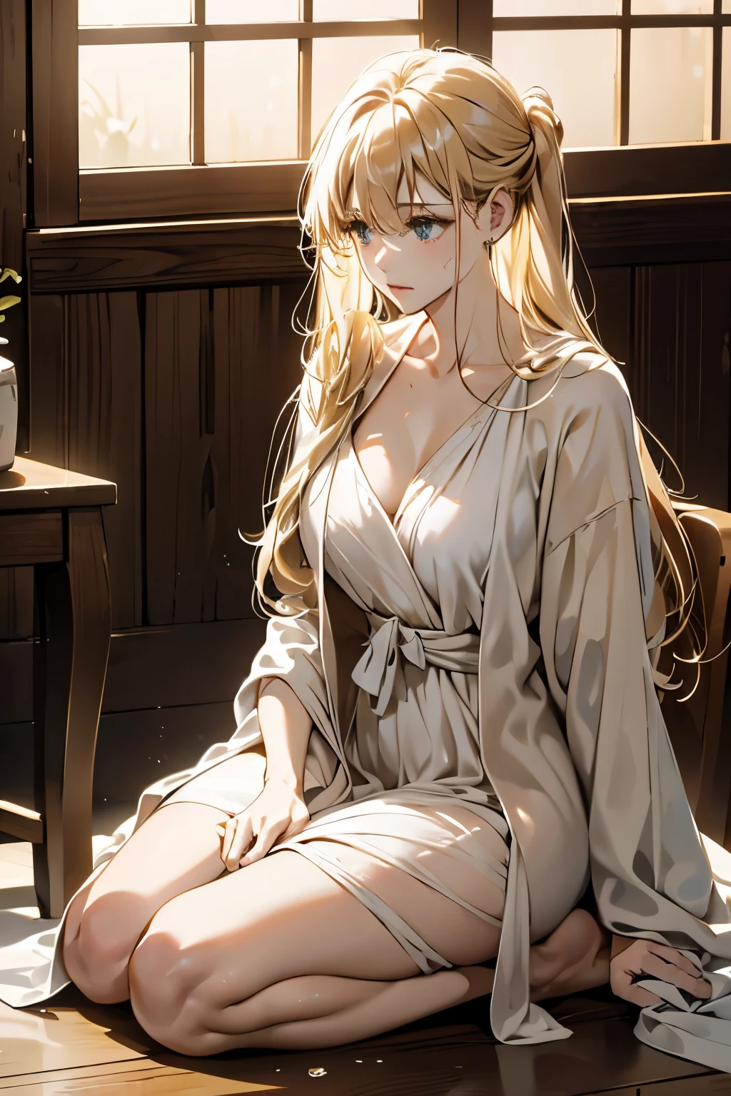 Anime girl sitting on the floor in a robe and panties - SeaArt AI