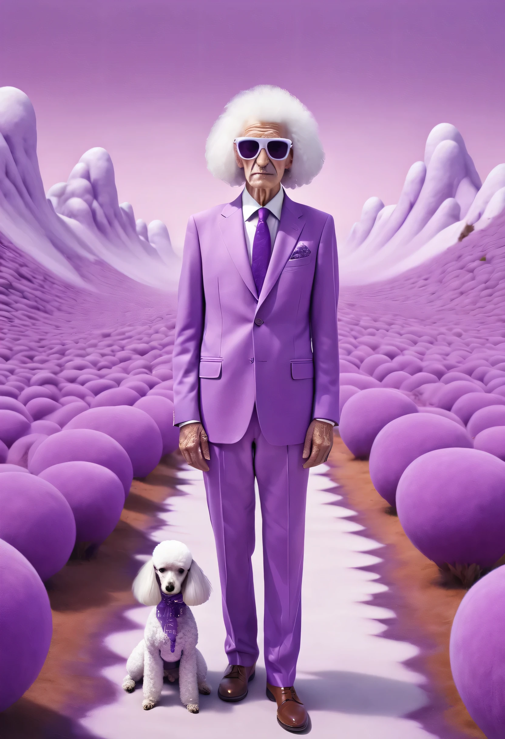 O homem está vestindo roupas roxas, Vestindo um terno branco e roxo, estilo de paisagem 3d surreal, Poodle Punk, Dalia Endresen, Pseudo infravermelho, Núcleo dos avós, Pop surreal