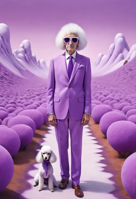 The man is wearing purple clothes, Wearing a white and purple suit, Surreal 3D landscape style, Poodle Punk, Dalia Endresen, Pse...