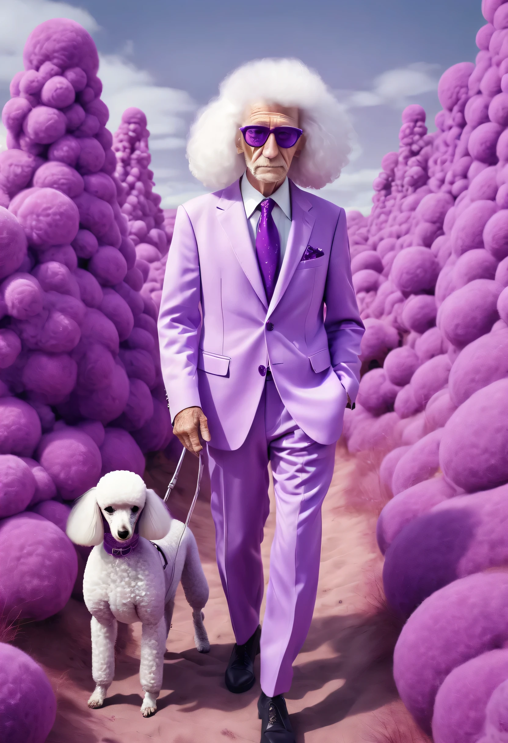 The man is wearing purple clothes, Wearing a white and purple suit, Surreal 3D landscape style, Poodle Punk, Dalia Endresen, Pseudo infrared, Grandparent core, Surreal pop