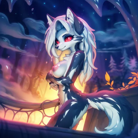 uploaded on e621, ((by Hioshiru, by Fumiko, by Ricegnat)),
solo female ((husky loona \(helluva boss\))) with ((white hair)) and (large fluffy tail) and ((clear red eyes)),
(medium breasts), (nude:1.3), ((detailed fluffy fur)),
(half-length portrait, three-...