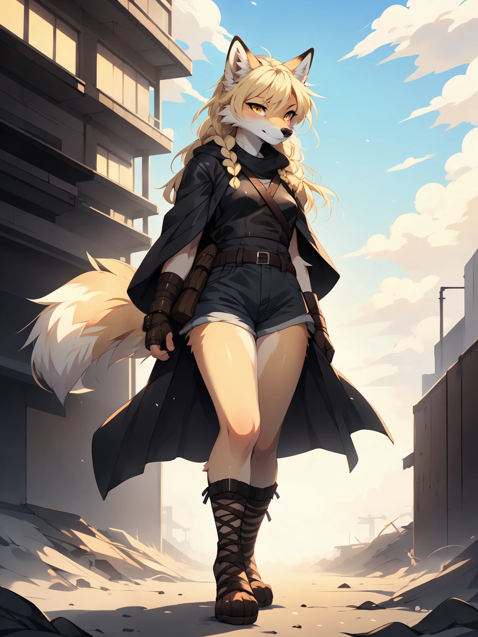 By fumiko, by hyattlen, by hioshiru, solo, tan fox girl, blonde hair, yellow eyes, cute snout, black nose, blonde fox tail, wearing brown cloak, leather armor top, leather short shorts, foot wraps, leather gauntlets, exposed fingers, feet wrapped in bandages, exposed toes, holding a sniper rifle with both hands   BREAK     in a post apocalyptic world, walking, looking concerned, wide open scene, foggy, 
