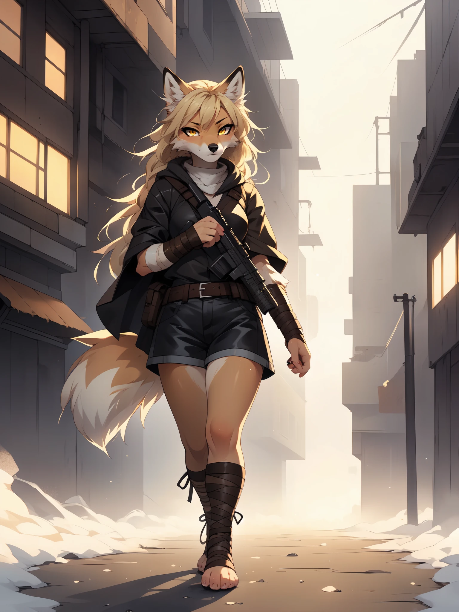 By fumiko, by hyattlen, by hioshiru, solo, tan fox girl, blonde hair, yellow eyes, cute snout, black nose, blonde fox tail, wearing brown cloak, leather armor top, leather short shorts, foot wraps, leather gauntlets, exposed fingers, feet wrapped in bandages, exposed toes, holding a sniper rifle with both hands   BREAK     in a post apocalyptic world, walking, looking concerned, wide open scene, foggy, 