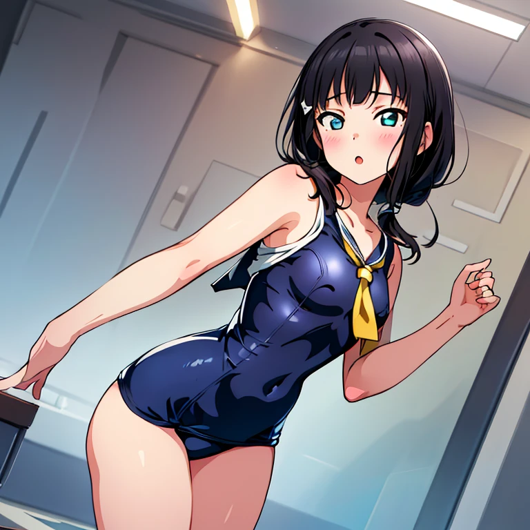 best quality, very aesthetic, Super detailed, best illustration, Dark blue one piece school swimsuit, 1girl,black_hair