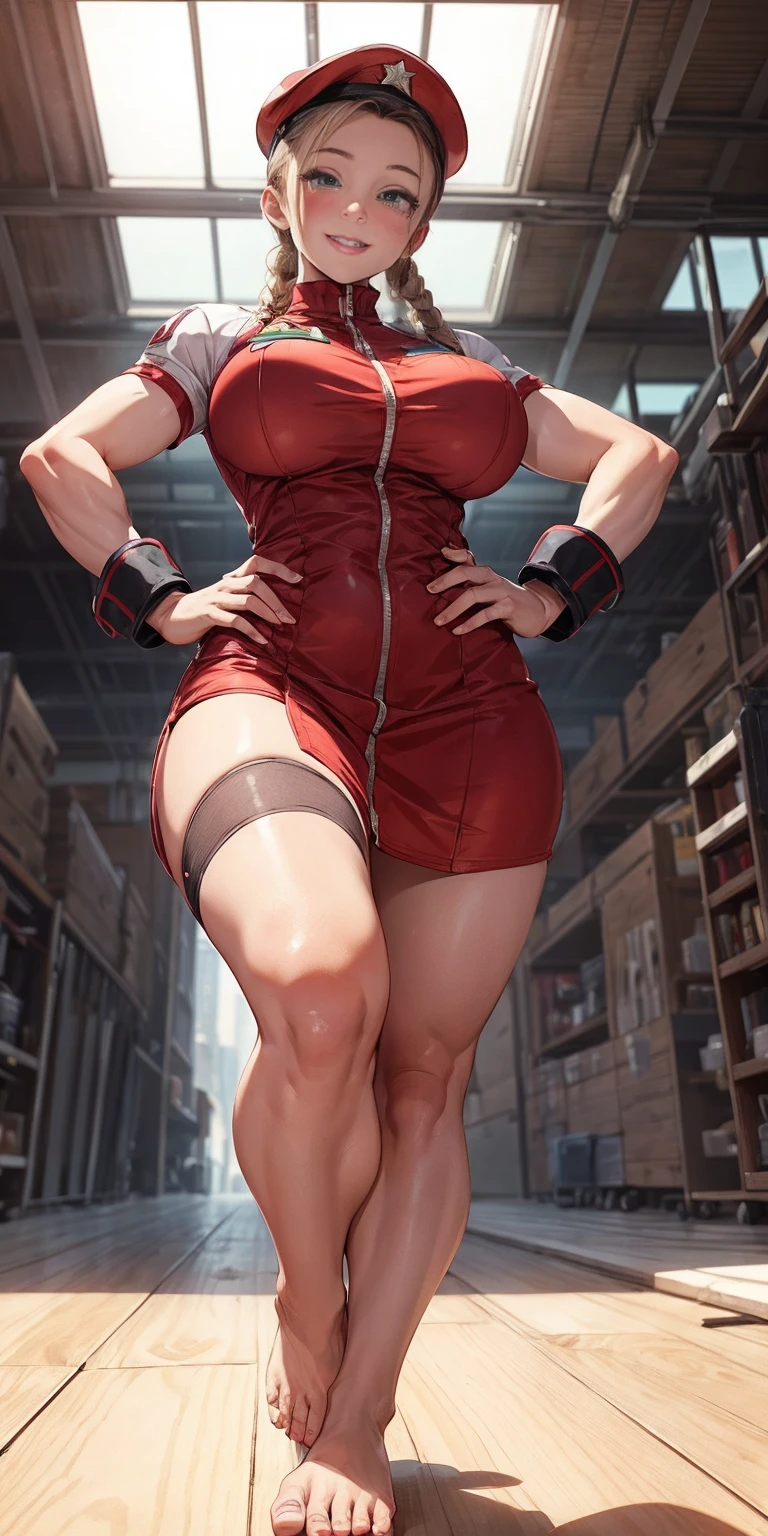 a woman standing at a symmetrical low angle, from below, barefoot, smiling lustfully with red blush, hands on hips, big knockers (high quality, best render), (beautiful girl, cammy)
