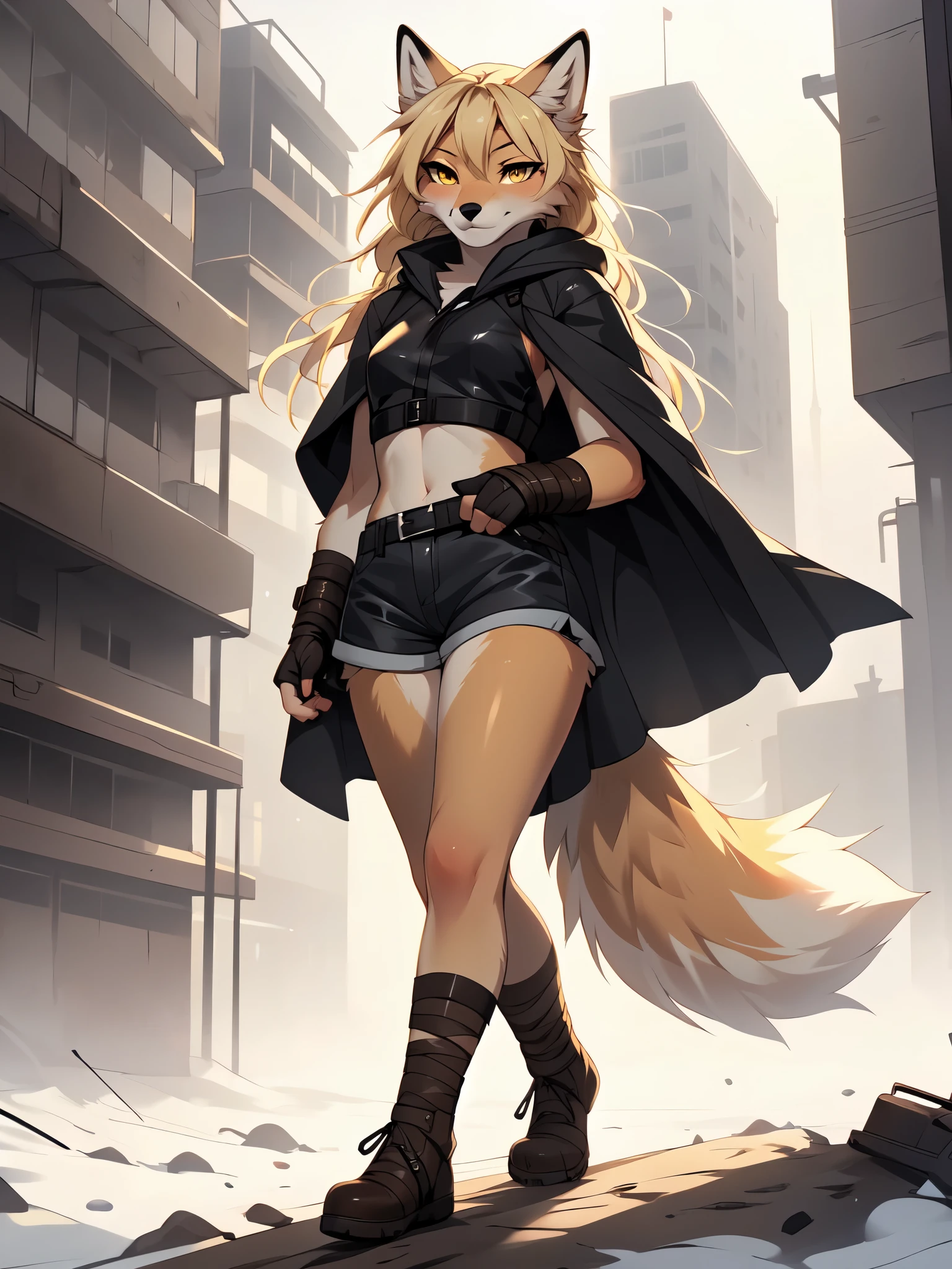 By fumiko, by hyattlen, by hioshiru, solo, tan fox girl, blonde hair, yellow eyes, cute snout, black nose, blonde fox tail, wearing brown cloak, leather armor top, leather short shorts, foot wraps, leather gauntlets, exposed fingers, feet wrapped in bandages, exposed toes, holding a sniper rifle with both hands   BREAK     in a post apocalyptic world, walking, looking concerned, wide open scene, foggy, 