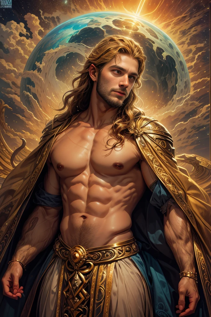 um retrato de(( um homem )) com barba, ((pernas musculosas)), ((peitoral forte e largo))em alta definição, em 8K de ((um homem)) de 18 anos, (( Homem)), Deus do Mar, Deus do Oceano, Lúthien, arte de deus, Deus da mitologia grega, Deus da Lua, Deus do amor e da paz, deus bonito, Mitologia do Deus da Terra, o deus Eros, Um retrato impressionante de um deus, Frank Kelly Freas, Estilo Karol Bak, ((rosto bonito)), Ultradefinição, melhor qualidade, 32k ultra , Ultra HD