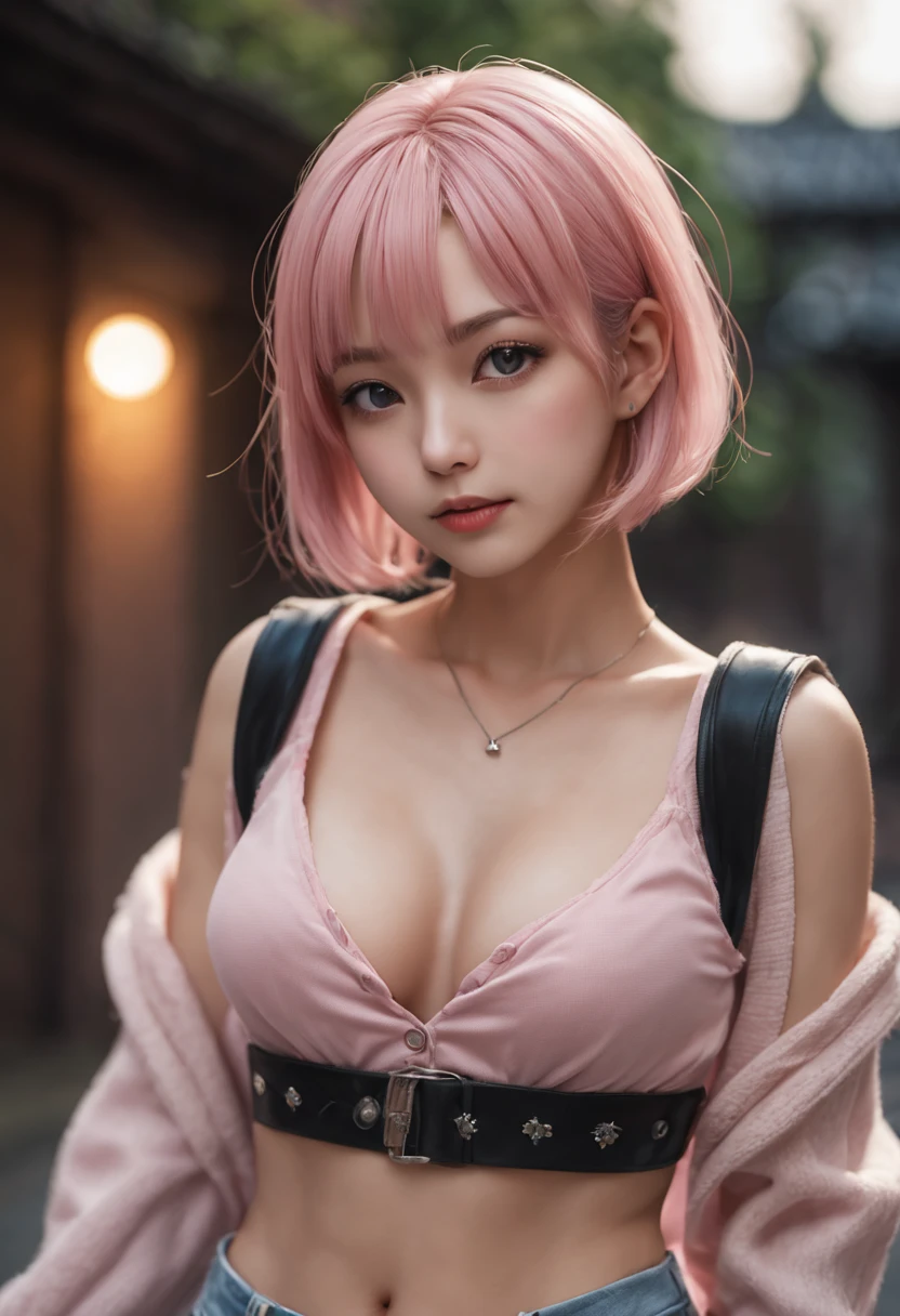 (Hyper realistic, photorealistic:1.37), (illustrated), (detailed lighting), (extremely delicate and beautiful), (Best quality), ultra detailed CG wallpaper in 8k , vibrant color, Professional level, ((bokeh effect)), depth of field, Twilight, sinking sunset, (beautiful Japanese girl:1.3)) ((big breasts:1.2)) ((close up:1.2)) Best quality,masterpiece,ultra-high resolution,(photorealistic:1.4),raw photo,(Genuine leather texture:1.3),(film grain:1.3),panorama,Character portrait,Very wide shot,narrow waist,,( In the dark, deep shadow, Low key, Cold light,) night,(()),tears streaming,,dust,Tyndall Effect,(expression),1 girl,beautiful detailed eyes and face, ((short hair:1.2) )((Light pink hair:1.2)) ((full body:1.3)) ((flat abdomen:1.3)) ((hairstyle bob:1.2)) ((Random sexy pose:1.4)) ((Smile:1.2)) ((closed mouth:1.2)) ((nice lips))high resolution 1.2, (8k, RAW Photo, Best quality, Masterpiece), (realistic, photorealistic: 1.2, full body pose), Ultra detailed, photorealistic koreane girl light pink hair , japanese gyaru portrait, anime girl in real life, beautiful koreane girls face, big eyes, happy, realistic round cyan blue eyes on white background, realistic look, well positioned eyes, short pale pink hair, modern bob hairstile, realistic face, beautiful face , realistic eyelashes, very photorealistic girl, closed mouth, pretty lips, pastel pink skin tone, posing for a photo, realistic eyelashes, very realistic image, soft mouth, completely closed mouth, pretty lips, beautiful lips, realistic anime girl in real life , detailed japanese garden, sakura haruno, female korean idol portrait, photorealistic render of anime girl, realistic body, athletic body:1.3, curvy girl, big chest, sexy girl, nice girl, white t-shirt with rips and studs, graphic prints of punk bands, with t-shirt with manga image, long jeans with worn-out tears, black punk-style jacket with studs and studs, white and pink snackers.