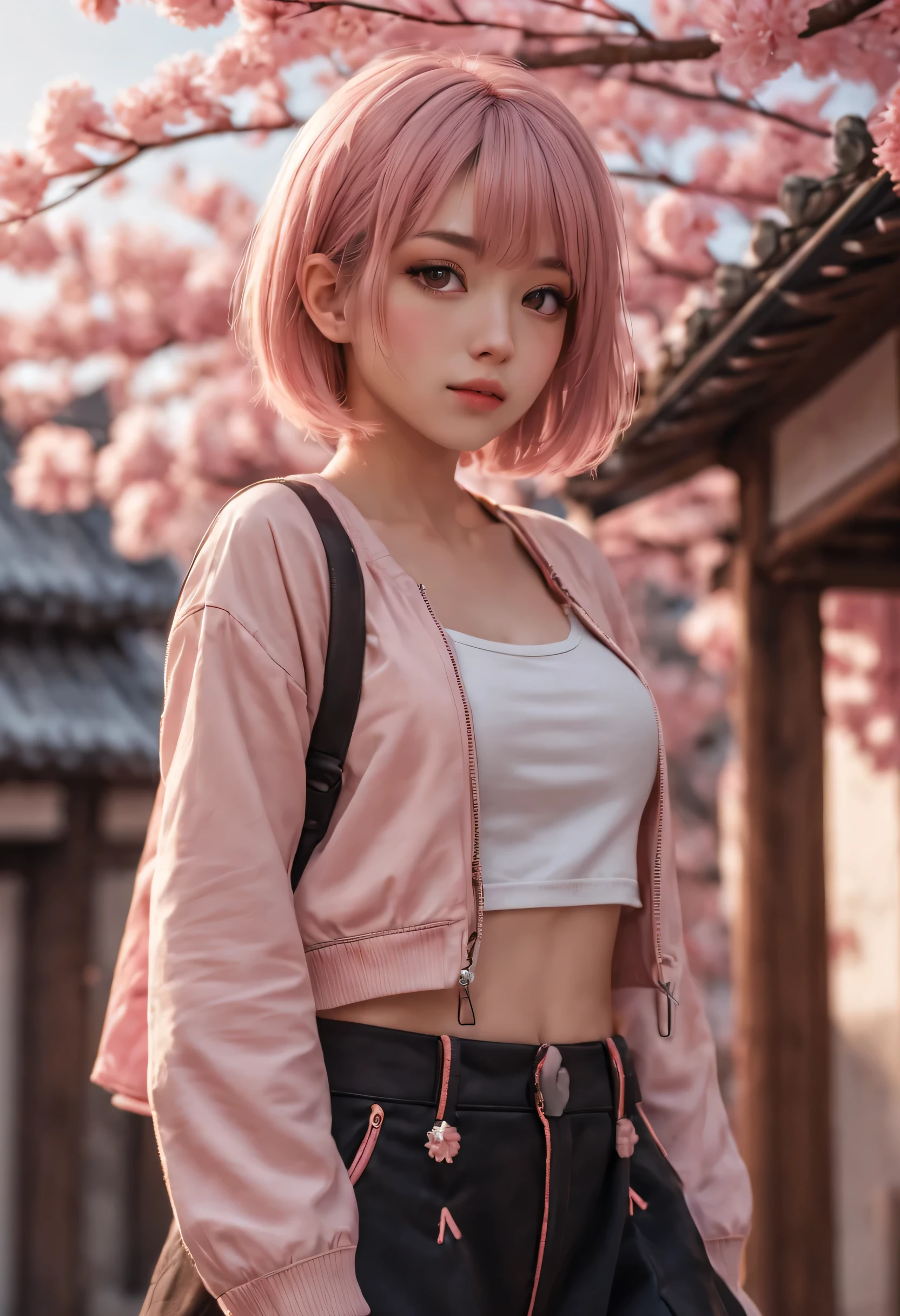 (Hyper realist, photorealist:1.37), (illustrated), (detailed lighting), (extremely delicate and beautiful), (Best Quality), Fondo de pantalla CG ultra detailed en 8k , Vibrant color, Professional level, ((bokeh effect)), depth of field, twilight, sinking sunset, (Beautiful Japanese girl:1.3)) ((big breasts:1.2)) ((close up:1.2)) Best Quality,masterpiece,ultra high resolution,(photorealist:1.4),raw photo,(Genuine leather texture:1.3),(film grain:1.3),panorama,character portrait,Very wide plan,narrow waist,,( In the dark, deep shadow, low key, cold light,) evening,(()),tears running,,dust,Tyndall effect,(expression),1 girl,beautiful detailed eyes and face, ((short hair:1.2) )((light pink hair:1.2)) ((Whole body:1.3)) ((flat stomach:1.3)) ((bob hairstyle:1.2)) ((Random sexy pose:1.4)) ((smile:1.2)) ((Closed mouth:1.2)) ((Pretty lips))High resolution 1.2, (8k, raw photo, Best Quality, masterpiece), (realist, photorealist: 1.2, Whole body pose), ultra detailed, photorealist koreane girl light pink hair , japanese gyaru portrait, anime girl in real life, Beautiful Korean girls face., large eyes, happy, realist round cyan blue eyes on white background, realist look, well positioned eyes, pale pink short hair, modern bob hairstyle, realist face, beautiful face , realist eyelashes, very photorealist girl, Closed mouth, pretty lips, Pastel pink skin tone, posing for a photo, realist eyelashes, very realist image, soft mouth, completely Closed mouth, pretty lips, Beautiful lips, realist anime girl in real life , Detailed Japanese garden, Sakura Haruno, female korean idol portrait, photorealist render of anime girl, realist body, Athletic body:1.3, curvy girl, big chest, chica sexy, good girl, white t-shirt with rips and studs, punk band graphic prints, with t-shirt with sleeve image, long jeans with worn rips, punk style black jacket with studs and studs, white and pink snackers.