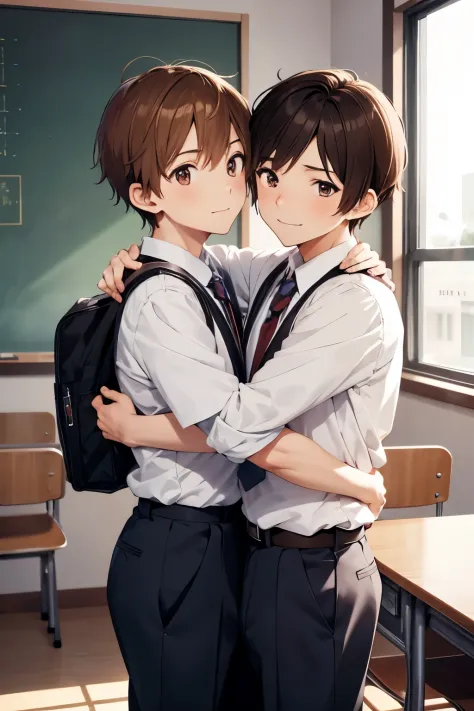 High quality, anime, full body, Japanese, two boys, cute, brown hair, slender, big eyes, small nose, school uniform, classroom, gay couple, hugging,