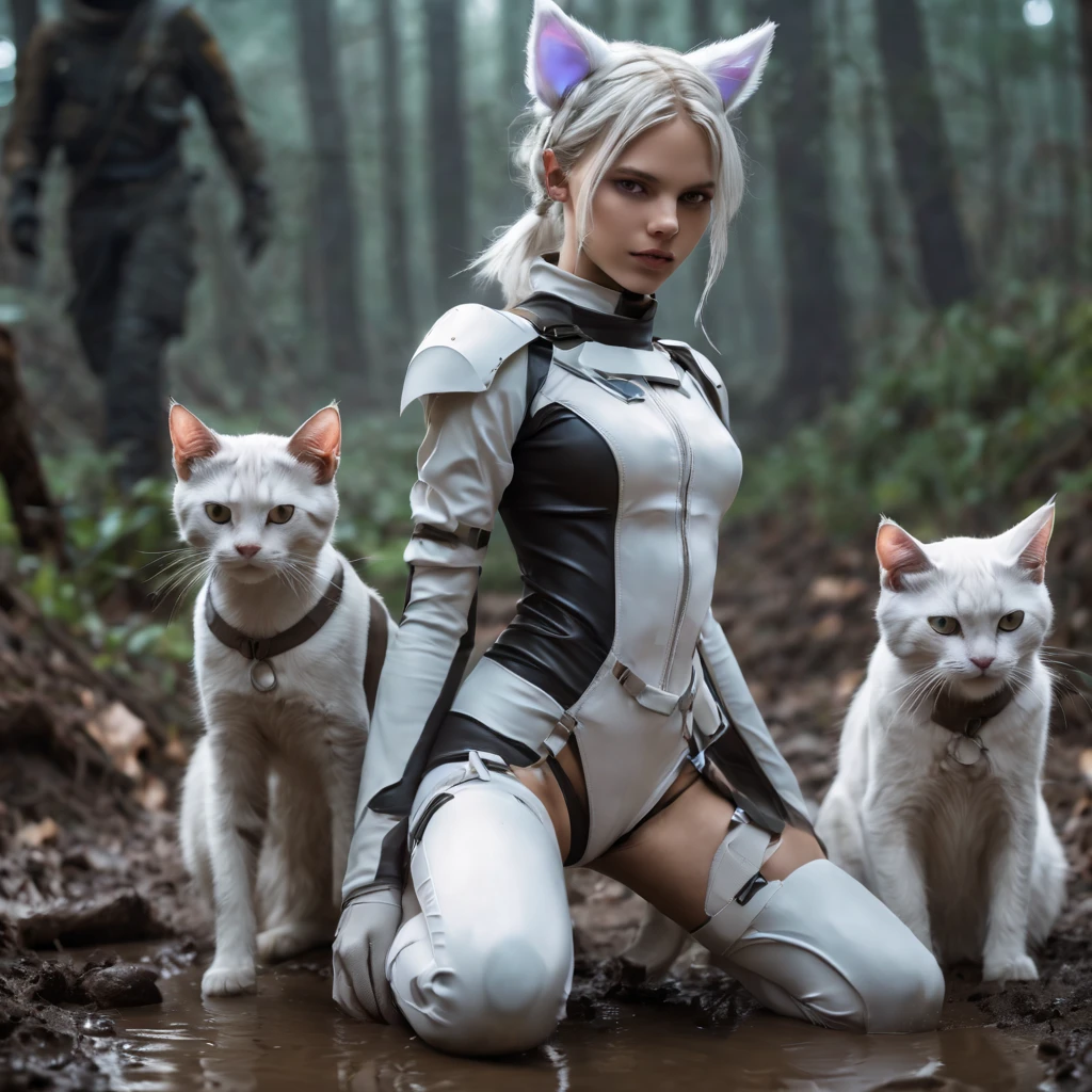 On a muddy battlefield, in an apocalyptic scene, a 13 year old catgirl officer who is the perfect likeness of SandraOv4, with white cat ears, wearing a vaultsuit with iridescent white hair rallies her fellow 13 year old vaultgirl troops for the next charge, dynamic pose, masterpiece, 4k, dynamic shadows, cinematic, photographic.