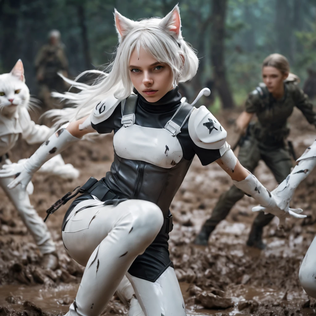 On a muddy battlefield, in an apocalyptic scene, a 13 year old catgirl officer who is the perfect likeness of SandraOv4, with white cat ears, wearing a vaultsuit with iridescent white hair rallies her fellow 13 year old vaultgirl troops for the next charge, dynamic pose, masterpiece, 4k, dynamic shadows, cinematic, photographic.