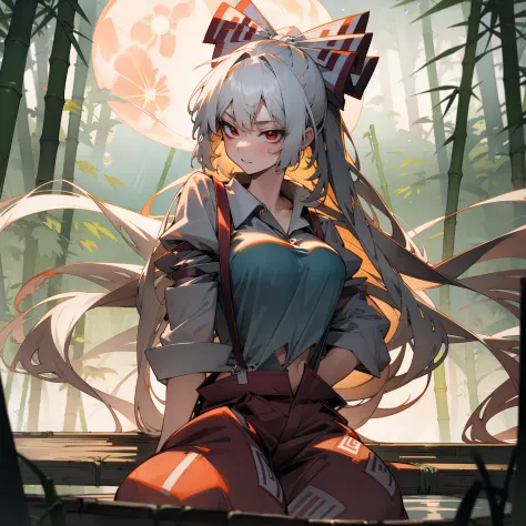 fujiwara no mokou(from touhou) in bamboo forest. she has big tits. she has white hair, red eyes. she's wearing a white shirt, si...