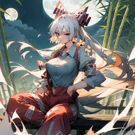 fujiwara no mokou(from touhou) in bamboo forest. she has big tits. she has white hair, red eyes. she's wearing a white shirt, si...