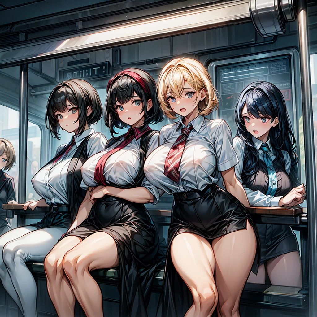 NSFW, (Three women fill the screen:1.6), masterpiece, high quality, high contrast, high definition, high resolution, realistic animation style, three sexy beautiful working women, each with a different face, feeling uncomfortable surrounded by many crowded train. The focus is on the natural expressions of the characters, with dim lighting, expressive eyes, and cramped poses. The women are dressed in casual wear and are slim and delicately attractive. The setting is a crowded train car during commuting hours, emphasizing the confined space, Translated with www.DeepL.com/Translator (free version) richly drawn and delicate