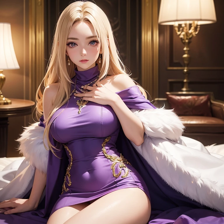 masterpiece, best quality, 1 girl, skinny body, pastel color, blonde hair, extra long hair, curvy hair, (perfect face), purple eyes, (perfect face), detailed eyes, deep purple long turtleneck dress, glitter dress, lace cape, gems, pearls embroidery, elegance gala, luxury interior, shine, portrait, ((fur shawl)), sipping champagne