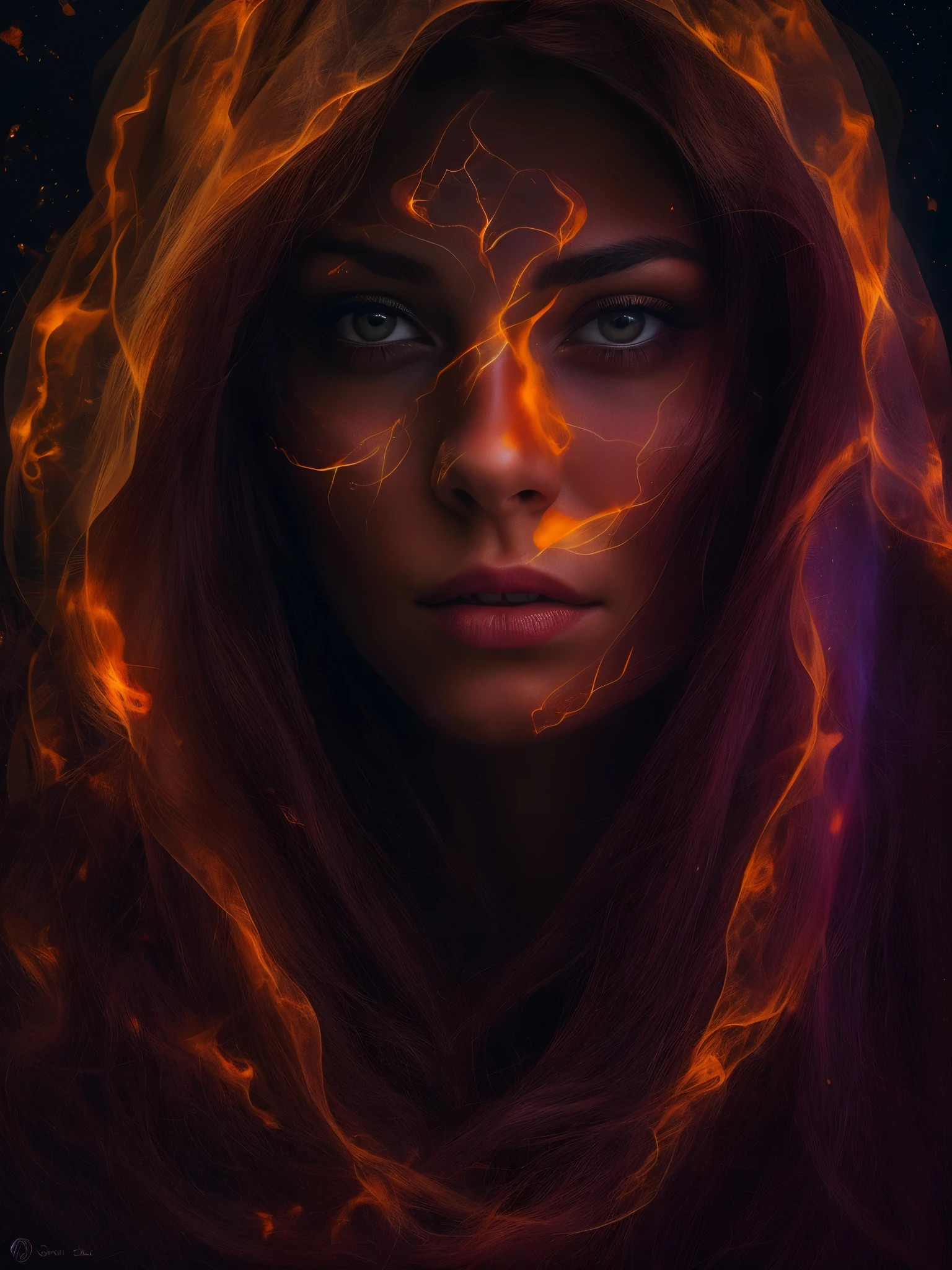 Image of a woman's face half veiled in shadow, half illuminated by a fiery orange glow, symbolizing the internal struggle between light and darkness, love and evil, within the human soul. super dark and gory, UHD, best quality, 16k, anatomically correct, textured skin, super detail