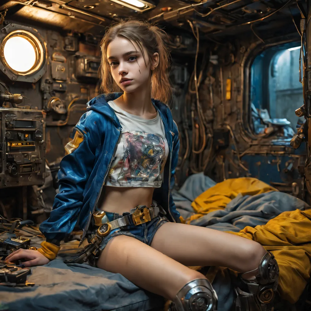 1 girls, 13 years old perfect likeness of dasha teran sdxl wearing blue and gold vaultgirl. clothing torn, girls clothes and fac...