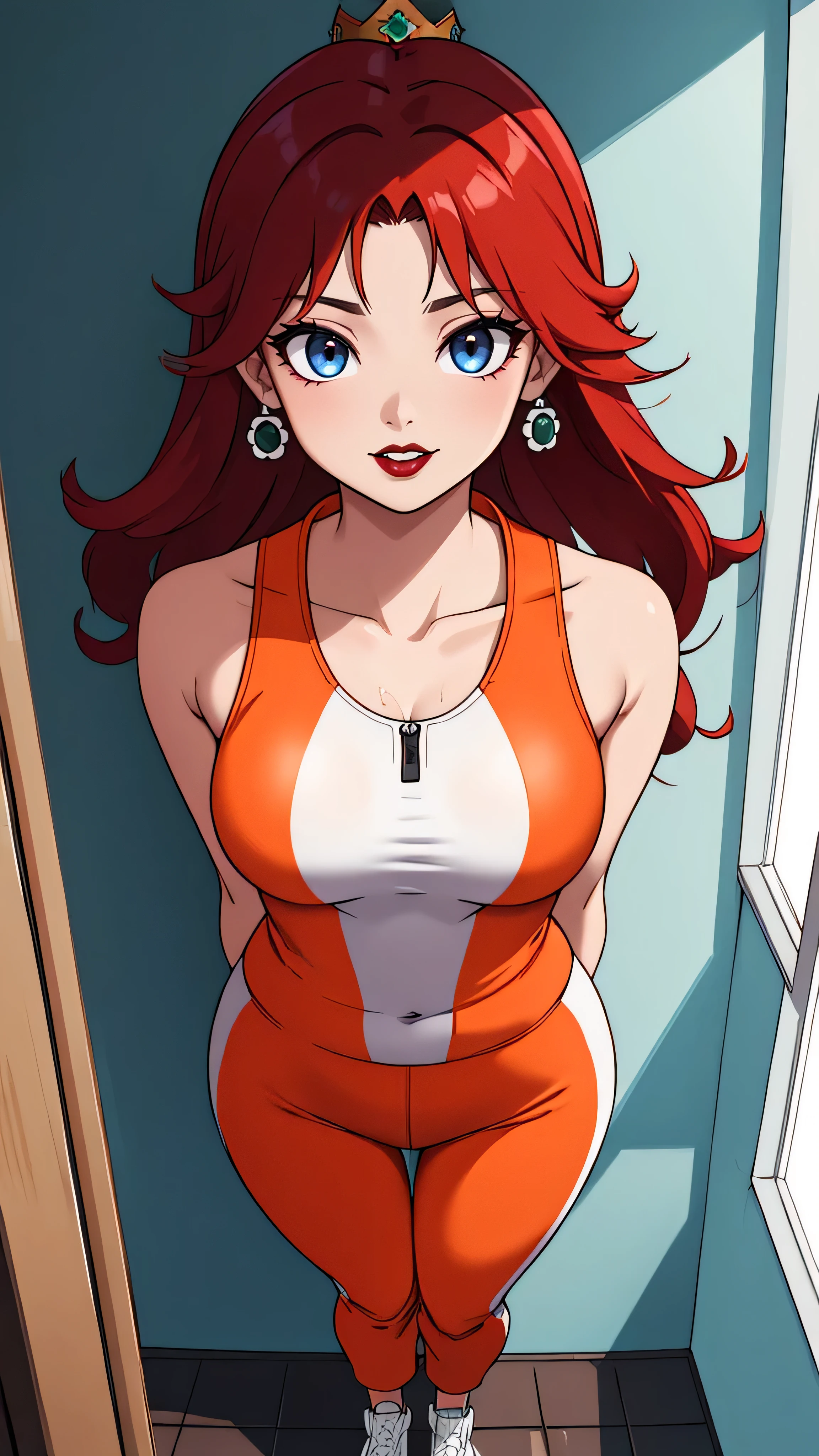 ((high detailed, best quality, 4k, masterpiece, hd:1.3)), ((best quality)), (((HD))), (((8k))), (ultraDH), (ultra HD), Shower_room_background, shower room, Soothing Shower, sunlight through the window, window, wooden room, Princess Daisy, BREAK neon blue eyes, seductive, attractive, sexy smile, smiling, smooth anime cg art, 36C_breasts, cleavage, 36C cleavage, long legs, vivid colors, detailed digital art, slim body, perfect skin, dark red hair, long red hair, dark hair, red hair, long_dark_red_hair_over_breasts, dark_red_hair_over_breast, wet hair, wet red hair, wet_dark_red_hair, wet_dark_red_hair_over_breast, BREAK crown, looking at viewer, BREAK looking at viewer, extremely detailed face, (orange and white jumpsuit), (Jumpsuit:1.5), (orange and white racing suit), (racing suit:1.5), (orange high heels), no bra, no underwear, full body, earrings, gem, dark gothic eyeshadows, dark eyeshadows, black eyeshadows, black_sexy_lips, black lips, dark lips, gothic painted lips, dark_black_lips, very dark lips, black_painted_lips, (very thin lips), thin lips, detailed lips, (dark:1.2), (perfect hands, perfect anatomy), black makeup, detailed fingers, five fingers per hand, 5 fingers, (1 girl), (solo:1.3), (breast focus), (breasts out:1.3), (from above:1.3), (arms behind back:1.3),