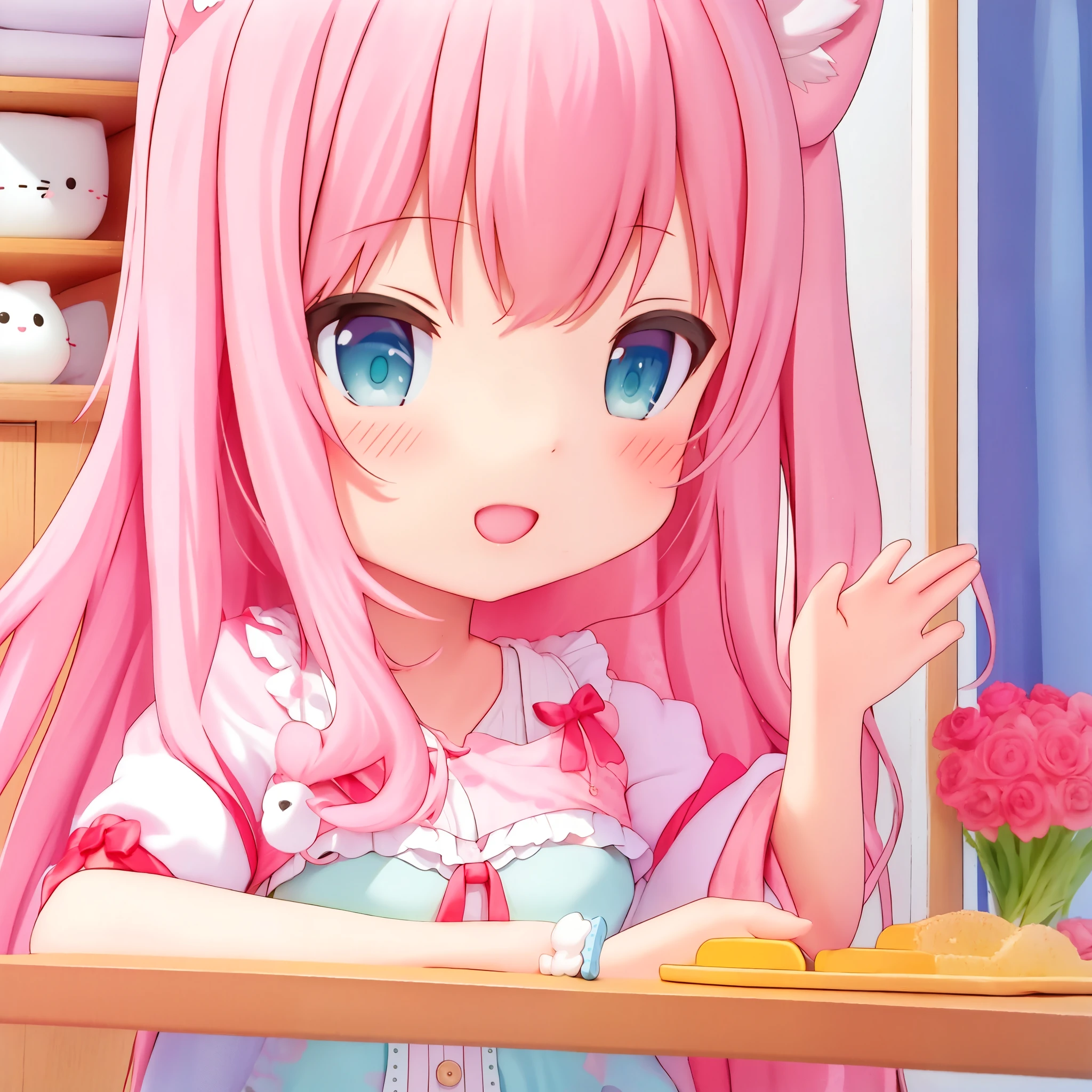 Anime girl with pink hair and blue eyes sitting at a table - SeaArt AI