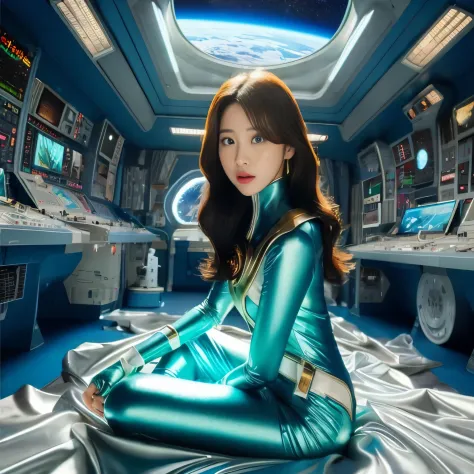 (highest quality, 8K, 32K, masterpiece, UHD: 1.3), (Photos of attractive women in Japan), (cyber punk: 1.4), (realism: 1.4), (highest quality: 1.0), (super resolution: 1.0)Close-up of a woman in a blue suit sitting on a bed with, powerful woman sitting in ...