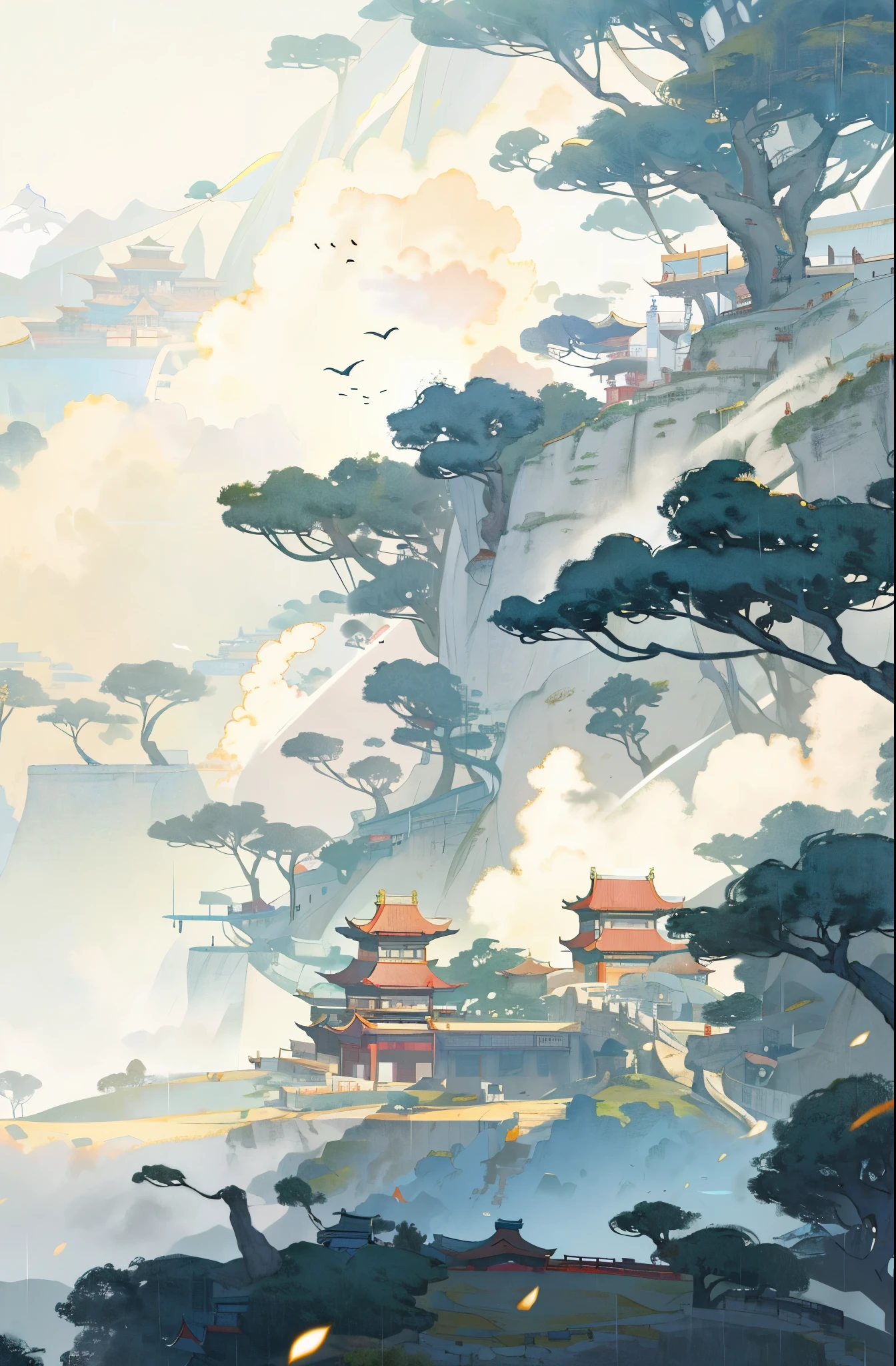 8K，high quality！！Detail enhancement！！Highest image quality！！antiquity，clouds，隐隐约约的antiquity建筑，White，blue，gold、red, Between the rain and fog on the mountain peaks， Chinese watercolor style, landscape artwork, Detailed Landscape—Width 672, A beautiful artistic illustration,, Serenity illustration, inspired by Fenghua Zhong, Ross Tran. landscape background, anime scenery, Dream China Town, environmental design illustration, author：Yang Jie