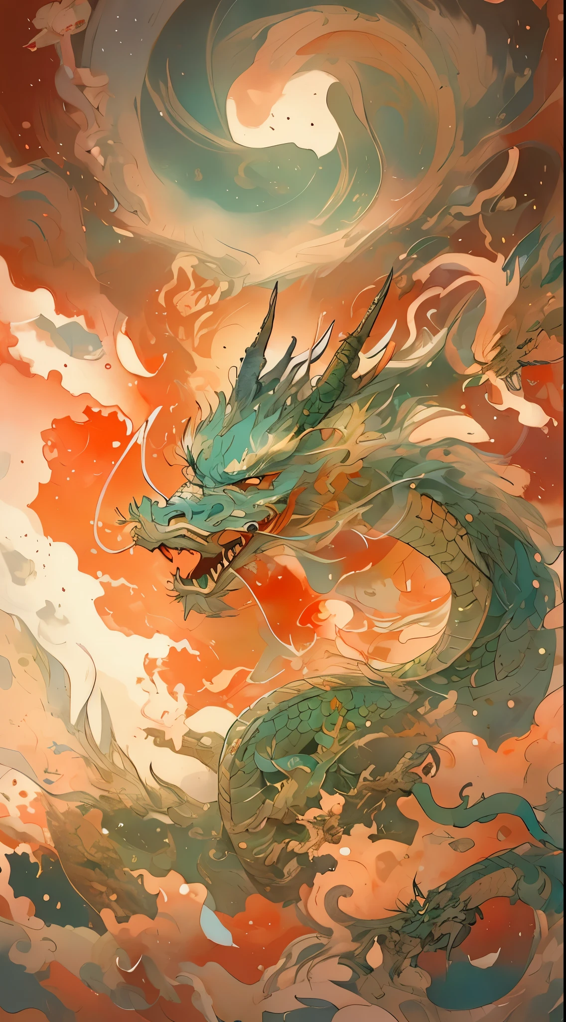 有一条Dragon in the sky上飞, Victor May and Tristan Eaton, and Mumford Tom Bagshaw., James Jean and Victor May, Weta Workshop and James Jean, majestic japanese dragon, A beautiful artistic illustration, victor my style, Laurie Greasley and James Jean, studio ghibli and dan mumford, Dragon in the sky