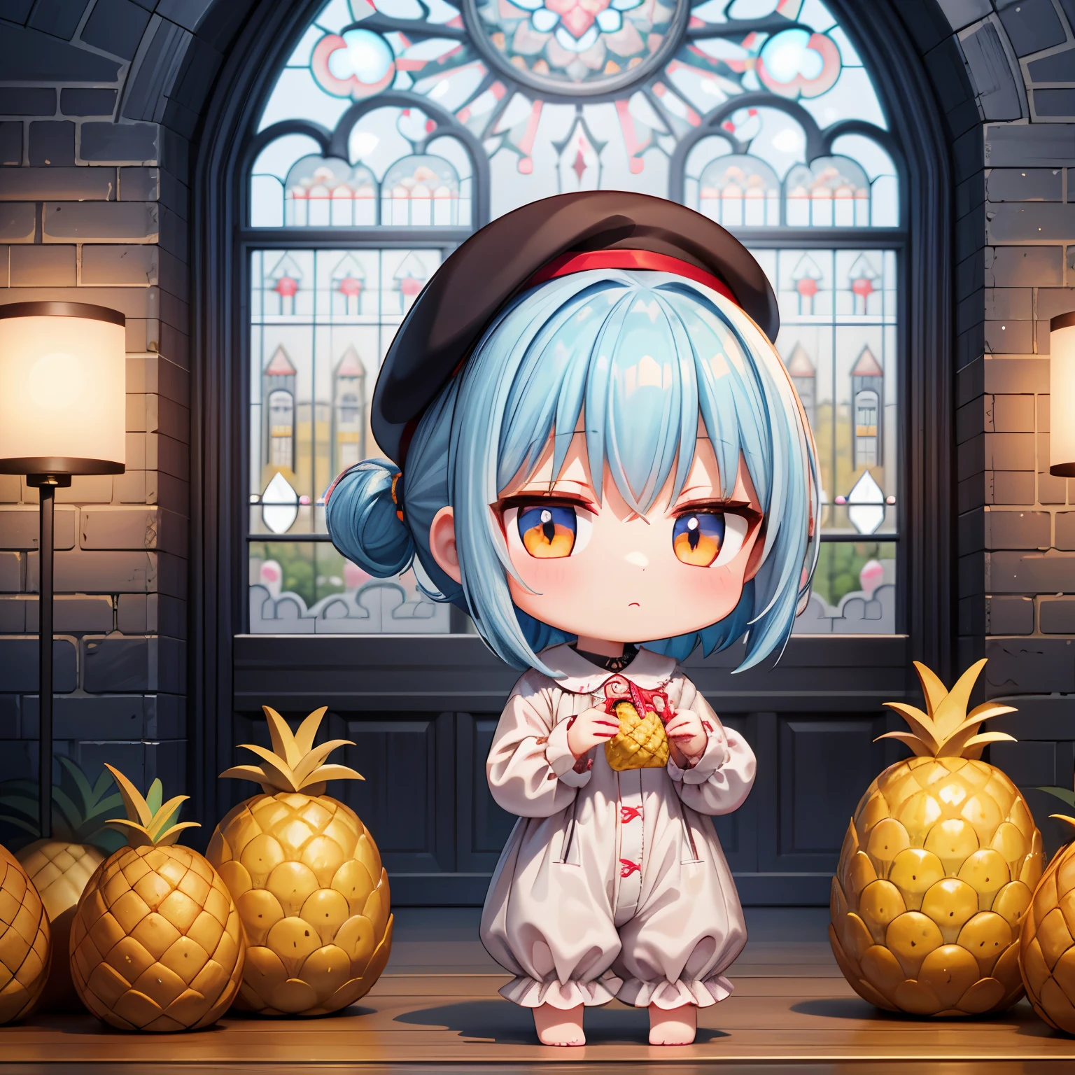 (Chibi, pineapple, petite, cute), (3DCG, Nendoroid, 1 girl, masterpiece, almond-shaped eyes, beautiful skin, red cheeks, glossy white-blue hair, short chignon hair), indifferent, expressionless, the best Quality, delicate fingers, warm clothes, strong light and shadow, full body,pajamas dress, black tights, Blythe, best view spot, pineapple design, natural light, quaint stonework, gazer, dim light, cute beret,giant towers,glittering atmosphere, pineapple churches,virgin road