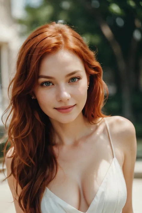 A photo of red haired girl, medium size breasts, wearing a summer