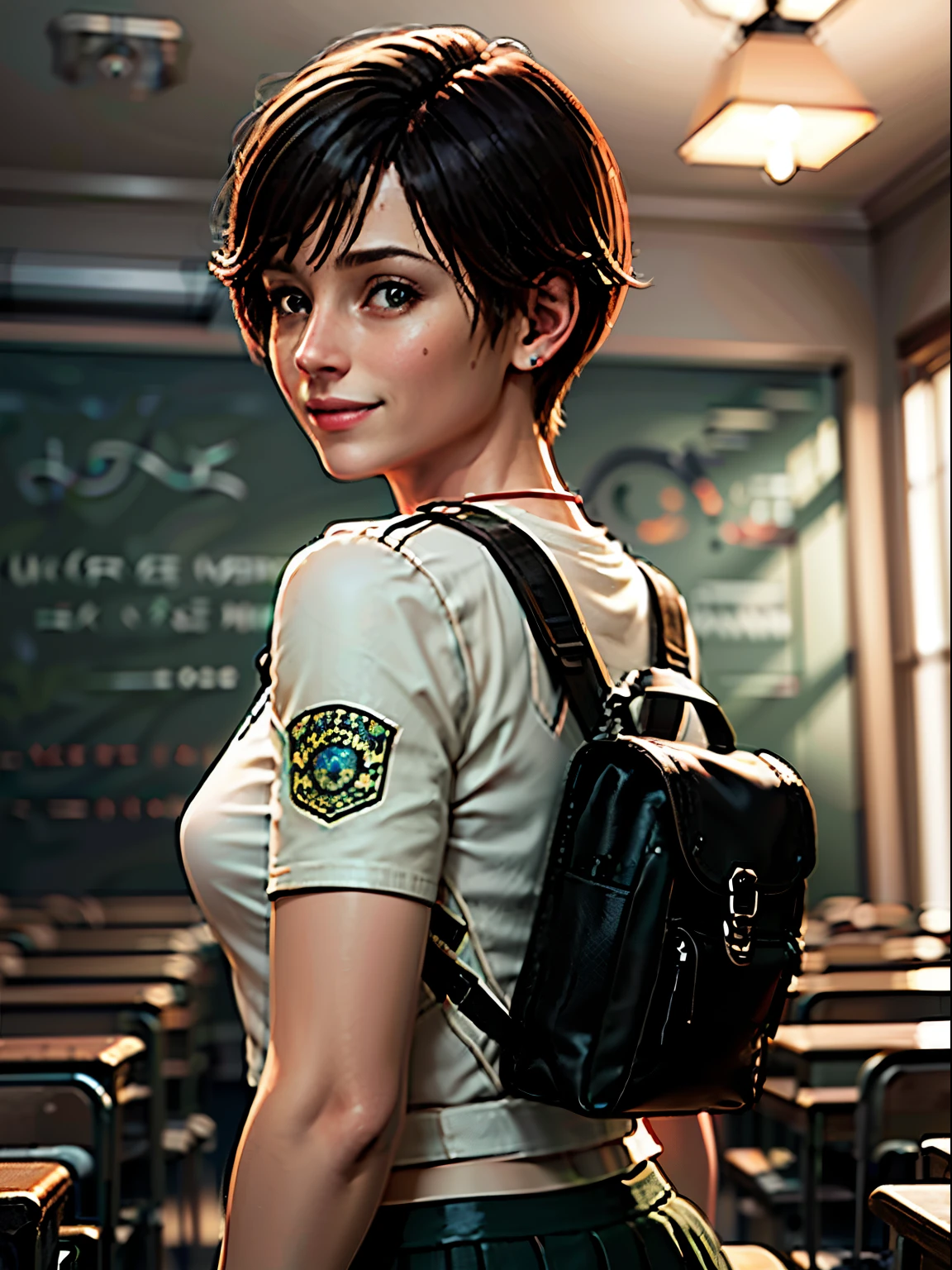 1girl, solo, Rebecca Chambers, masterpiece, best quality,((school uniform:1.4)),high resolution:1.2, ultra-detailed, detailed face, photorealistic, looking side, Indoors,breasts, volumetric lighting, upper body shot,smiles