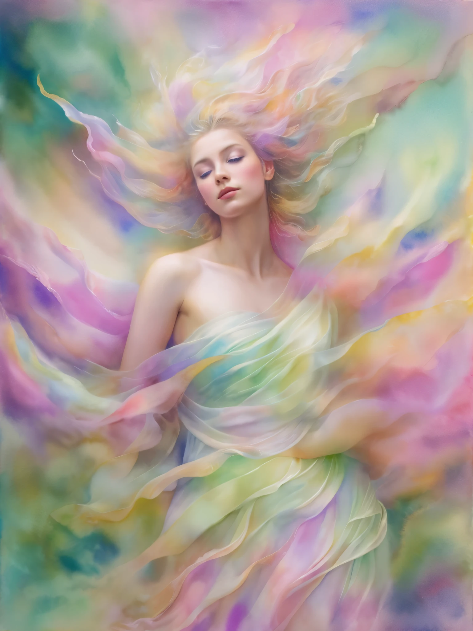 An ethereal 3d-redered painting illustrating Libertas in a dream-like sequence, blending reality with the surreal, portraying her as a figure transcending the boundaries of time and space, Watercolor Art, delicate brushstrokes and soft hues. UHD, best quality, 16k, anatomically correct, textured skin, super detail