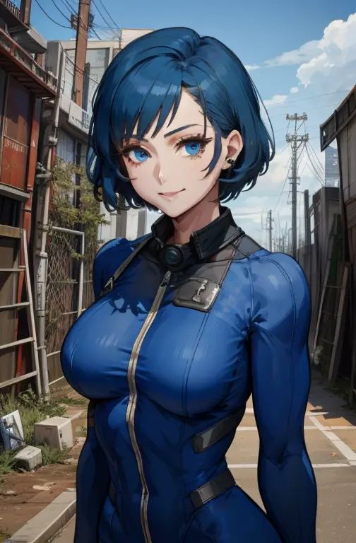 ami mizuno, short hair, bleu hair, blue eyes, smile,  
blue bodysuit, 13
standing, upper body, 
underground vault, clean, fallou...