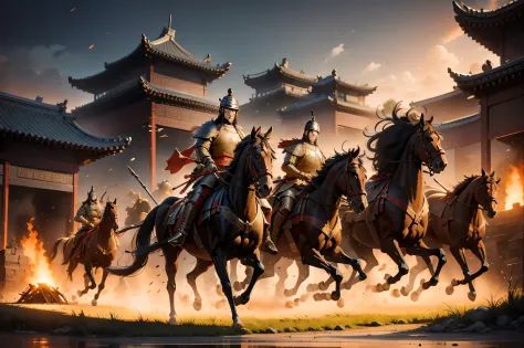 masterpiece，best quality，multiple persons，Soldier，spears，knife，arms，horses，smokes，night，bonfire,the Tang Dynasty