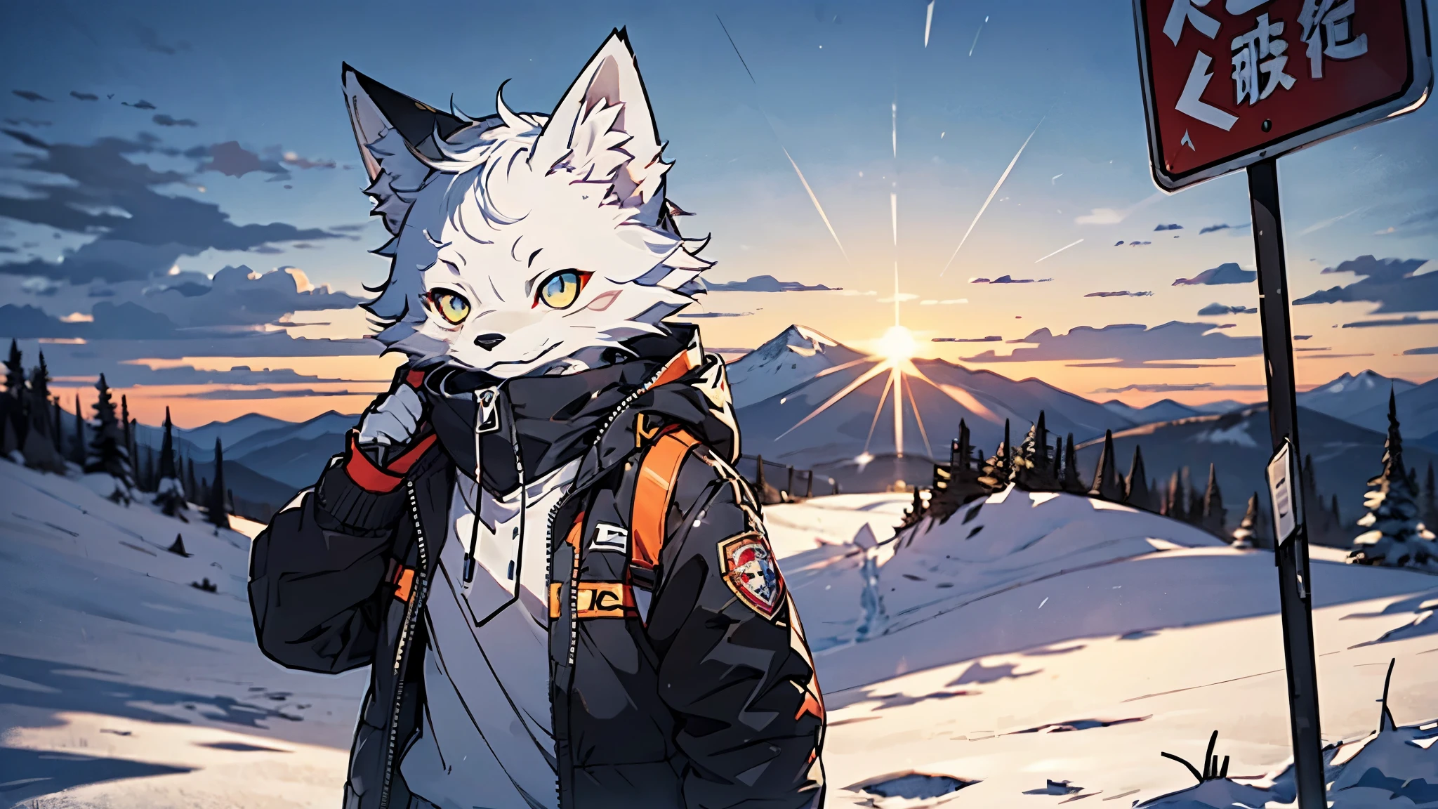 Furry male white fox with bright eyes standing wearing cotton jacket at snow mountain sunset